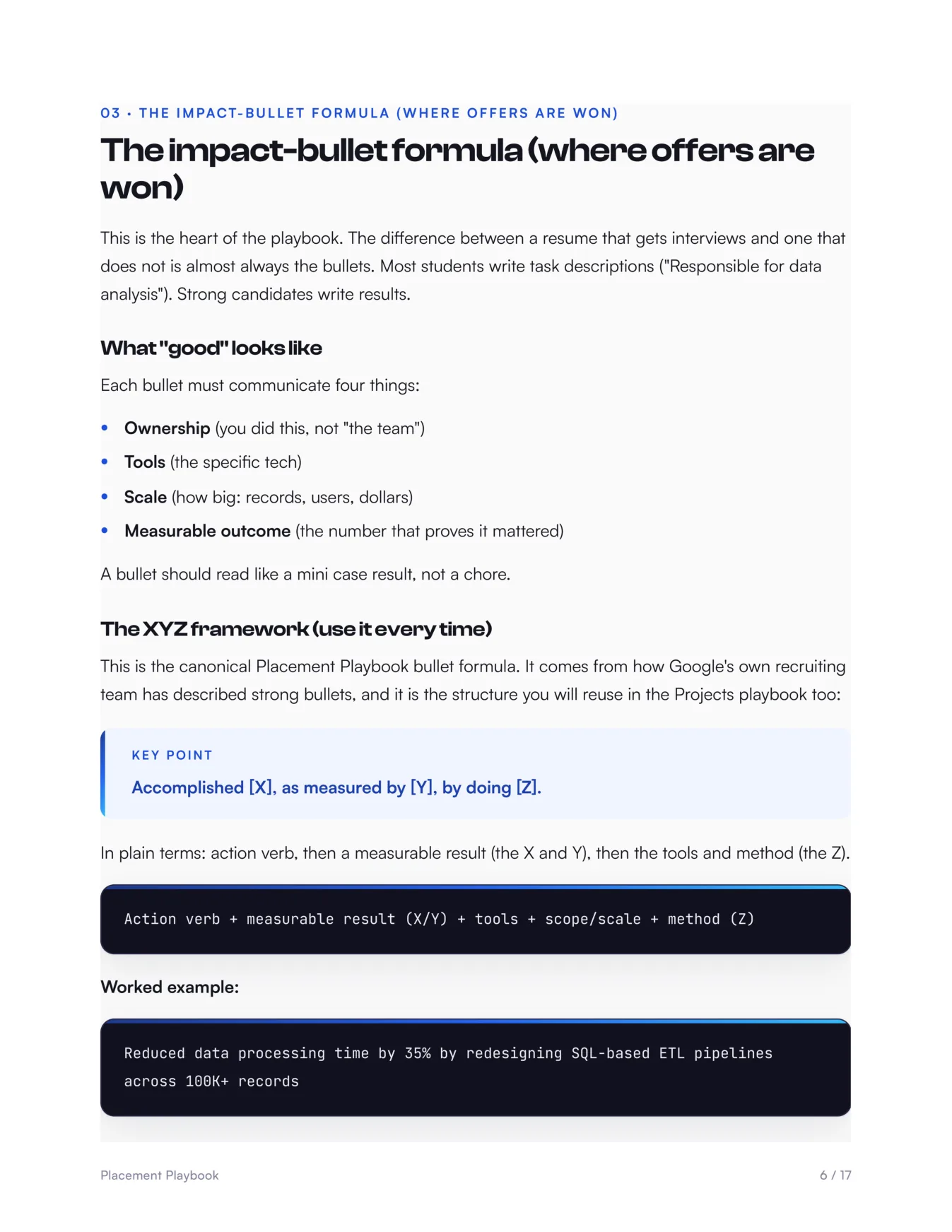 Resume playbook: the XYZ impact-bullet formula, with a worked before-and-after rewrite.
